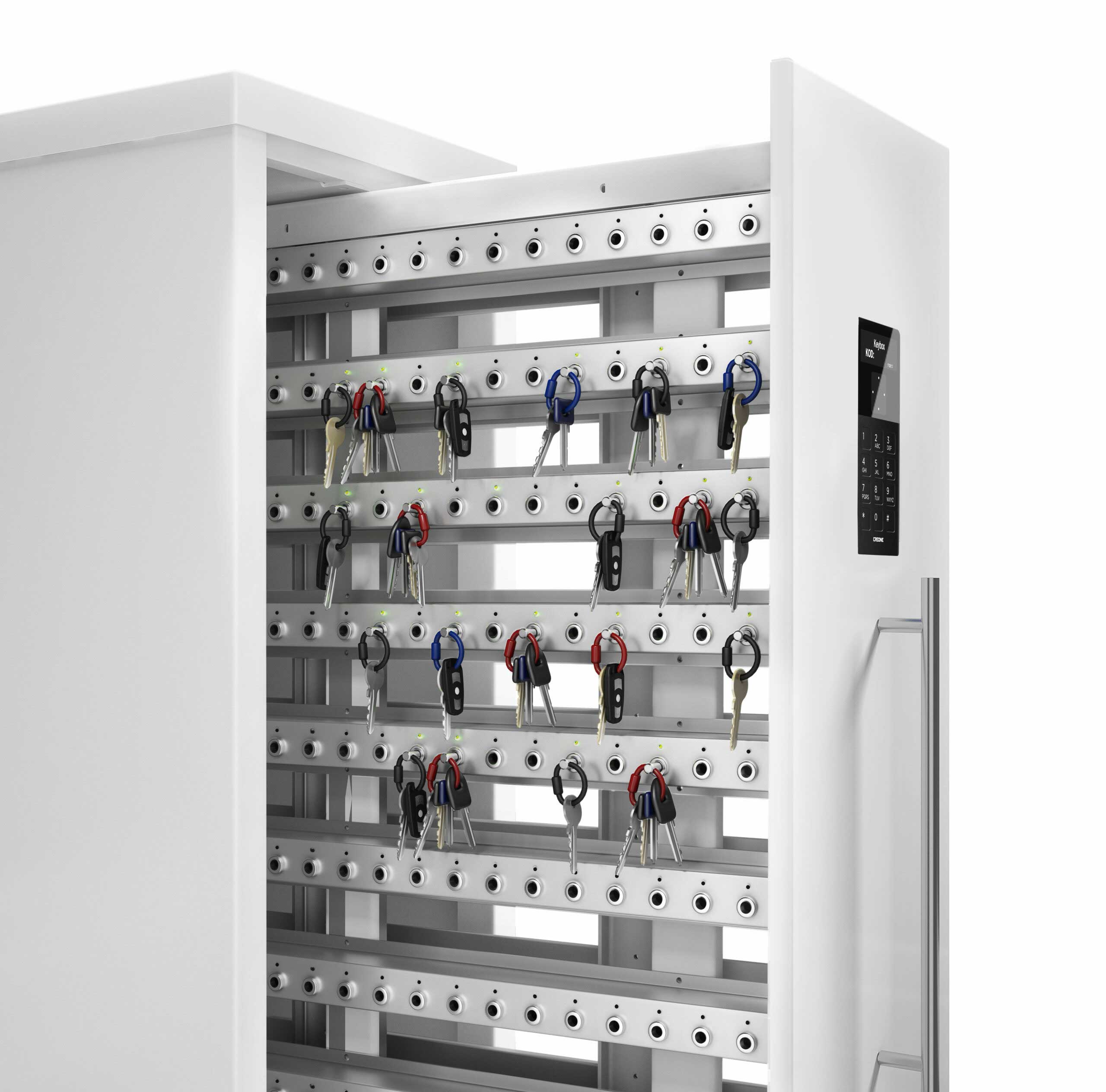 Armoire à clés 9600 SC de la gamme Keycontrol. Armoire ouverte montrant les racks qui organisent la gestion des clés.